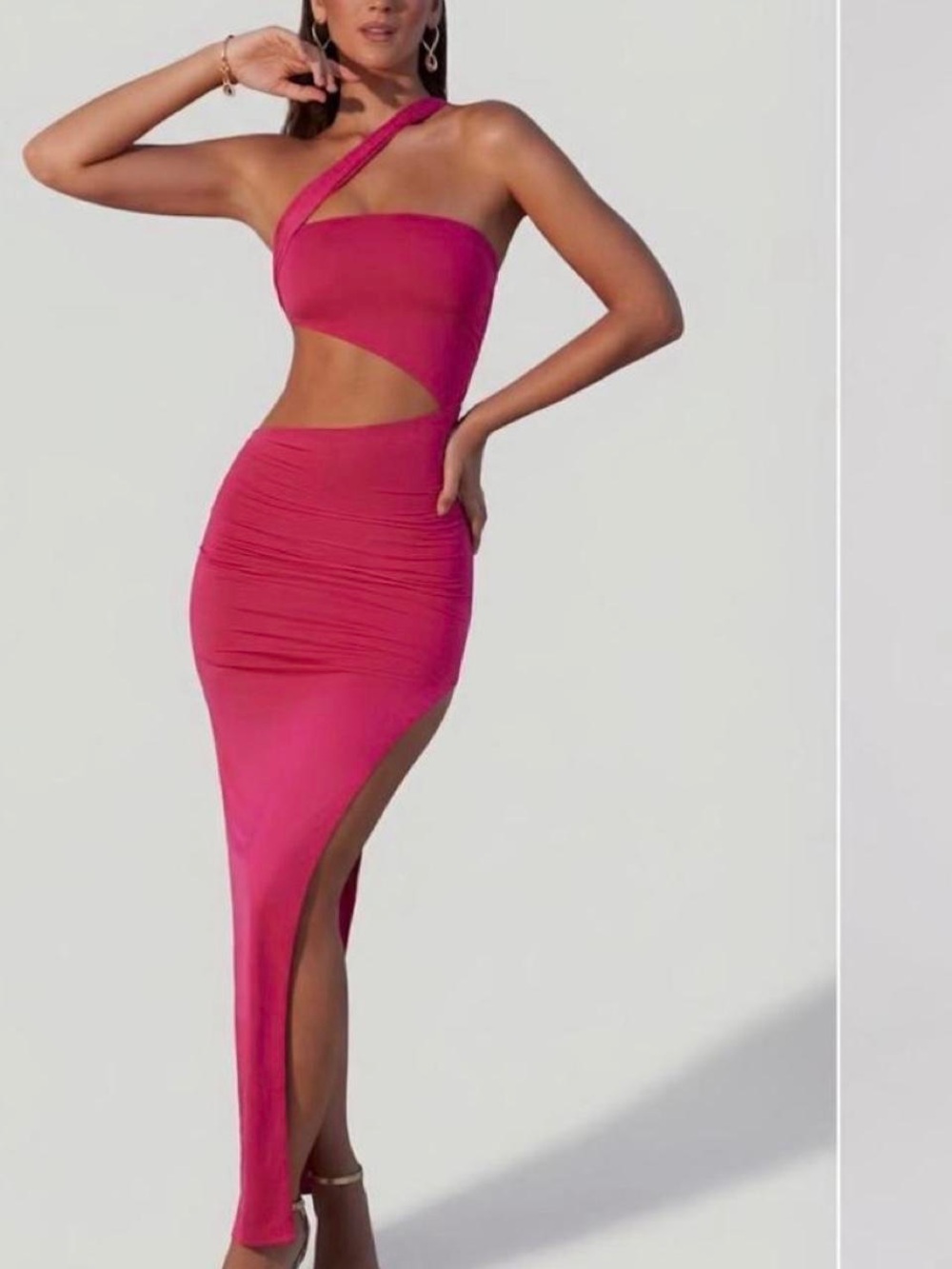 Oh Polly One-Shoulder Cutout Maxi Dress in Hot Pink